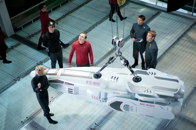 Alice Eve, Simon Pegg, Karl Urban and Chris Pine in "Star Trek into Darkness."