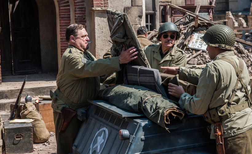 John Goodman as Walter Garfield, George Clooney as Frank Stokes and Dimitri Leonidas as Sam Epstein in "The Monuments Men."