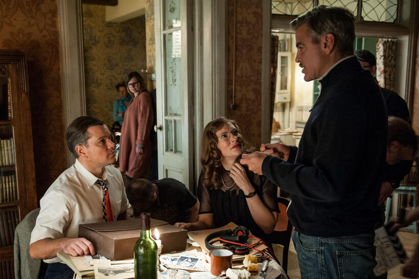 Matt Damon, Cate Blanchett and director George Clooney on the set of "The Monuments Men."