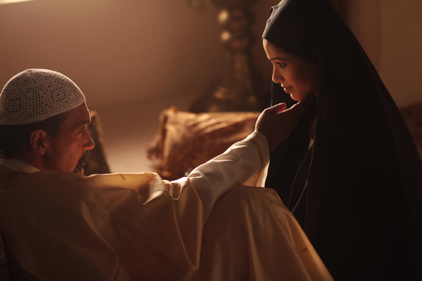Antonio Banderas as Emir Nesib and Freida Pinto as Princess Leyla in "Day of the Falcon."