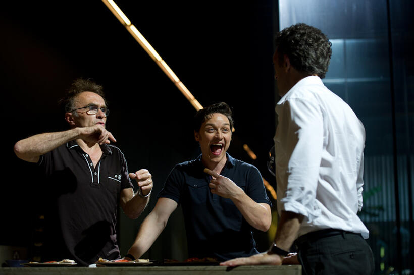 Director Danny Boyle, James McAvoy and Vincent Cassel on the set of "Trance."