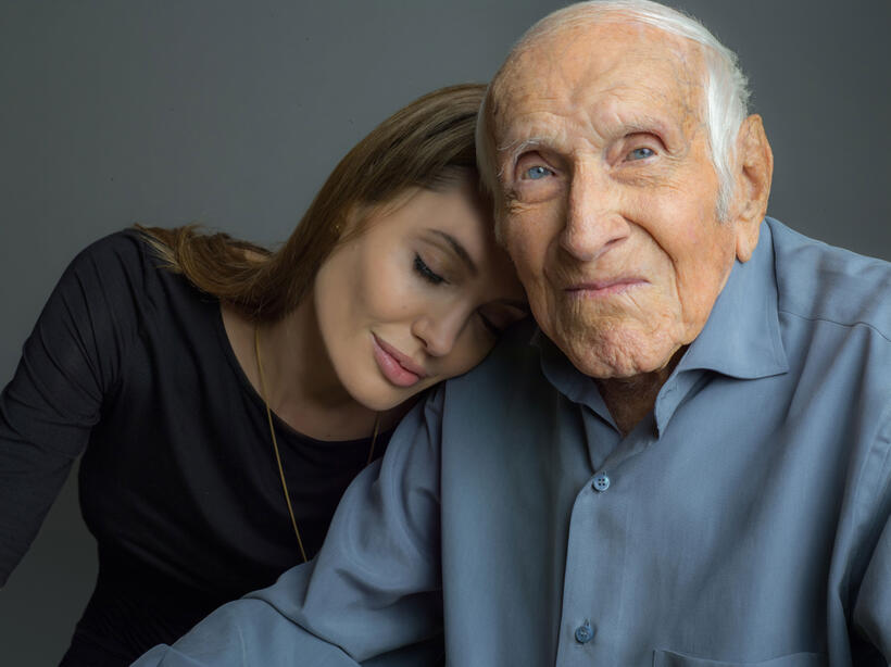 Director Angelina Jolie and Louis Zamperini on the set of "Unbroken."