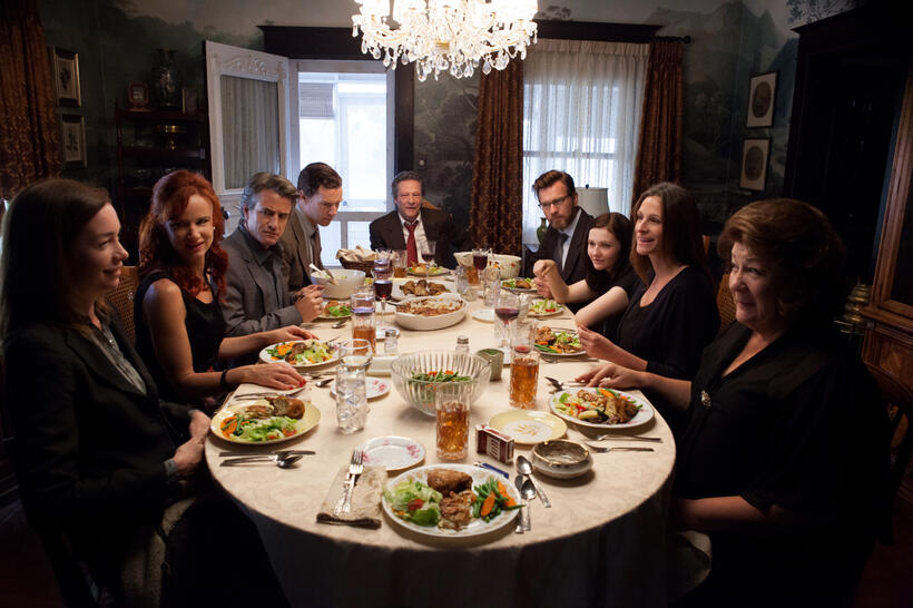 Julianne Nicholson, Juliette Lewis, Dermot Mulroney, Benedict Cumberbatch, Chris Cooper, Ewan Mcgregor, Abigail Breslin, Julia Roberts and Margo Martindale in "August: Osage County."