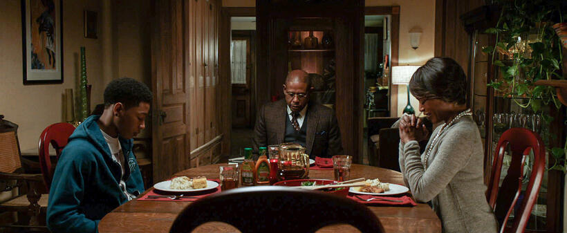 Jacob Latimore as Langston, Forest Whitaker as Rev. Cobbs and Angela Bassett as Aretha Cobbs in "Black Nativity."