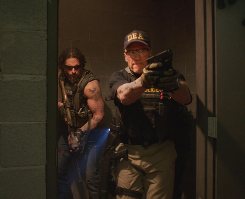 Joe Manganiello as Grinder and Arnold Schwarzenegger as Breacher in "Sabotage."