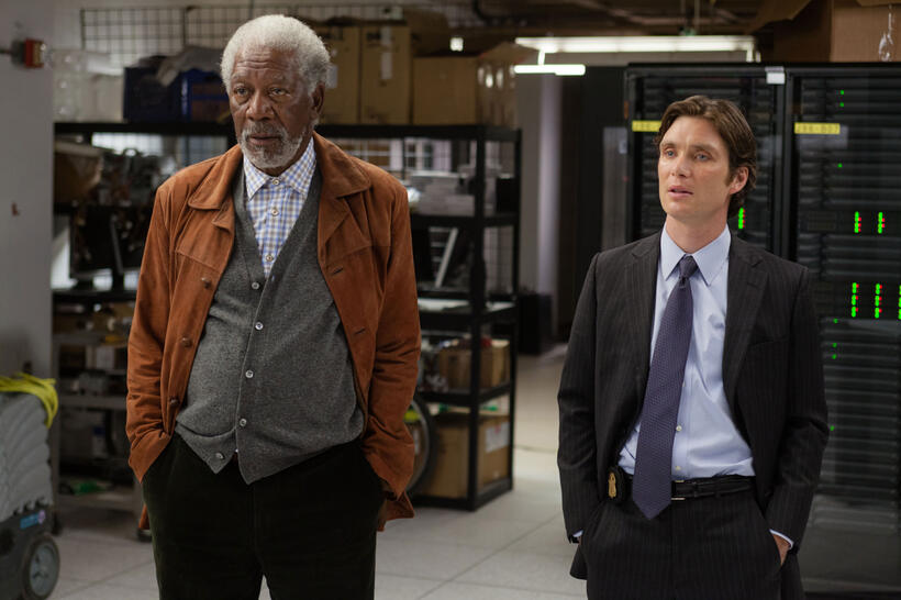 Morgan Freeman as Joseph Tagger and Cillian Murphy as Agent Buchanan in "Transcendence."