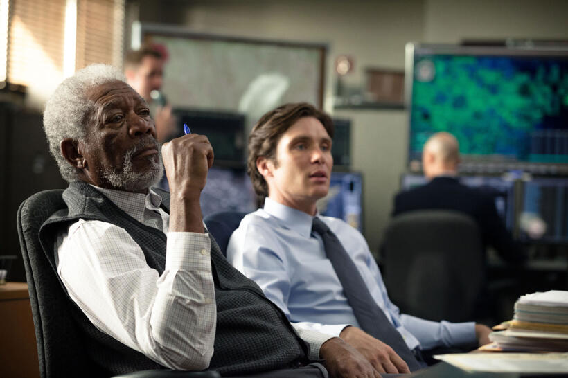 Morgan Freeman as Joseph Tagger and Cillian Murphy as Agent Buchanan in "Transcendence."