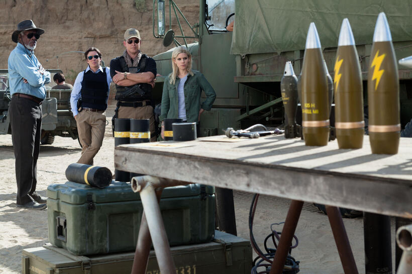 Morgan Freeman as Joseph Tagger, Cillian Murphy as Agent Buchanan, Cole Hauser as Colonel Stevens and Kate Mara as Bree in "Transcendence."