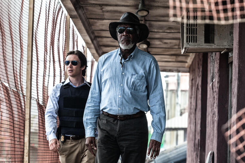 Cillian Murphy as Agent Buchanan and Morgan Freeman as Joseph Tagger in "Transcendence."