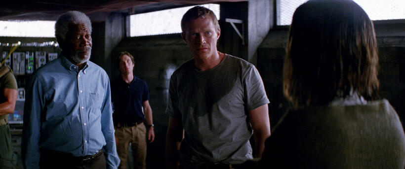 Morgan Freeman as Joseph Tagger, Cillian Murphy as Agent Buchanan, Paul Bettany as Max Waters and Rebecca Hall as Evelyn Caster in "Transcendence."