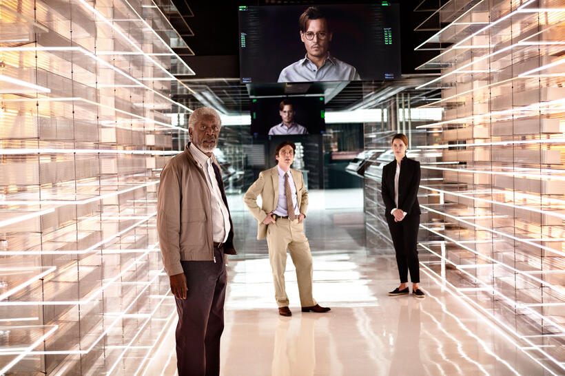 Morgan Freeman as Joseph Tagger, Cillian Murphy as Agent Anderson, Johnny Depp as Will Caster and Rebecca Hall as Evelyn Caster in "Transcendence."