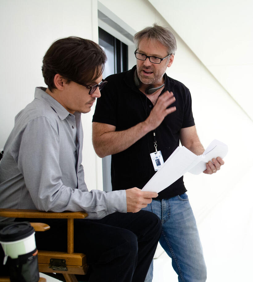Johnny Depp and director Wally Pfister on the set of "Transcendence."