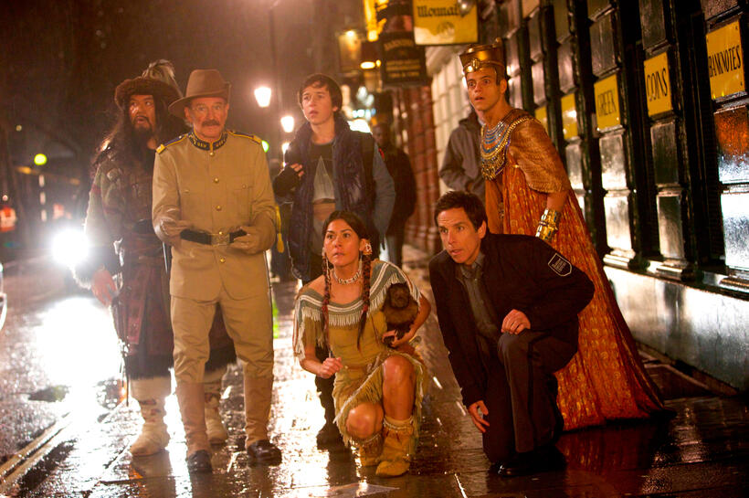 Atilla the Hun, Teddy Roosevelt, Nick Daley, Sacajawea, Larry Daley and Ahkmenrah in "Night At The Museum 3."