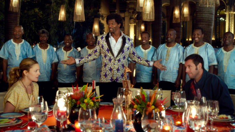 Drew Barrymore as Lauren, Terry Crews as Nickens and Adam Sandler as Jim in "Blended."