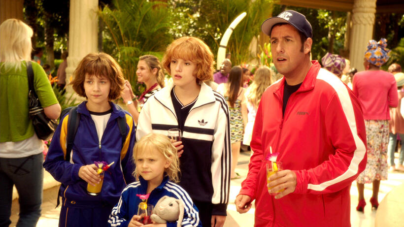 Emma Fuhrmann as Espn, Alyvia Alyn Lind as Lou, Bella Thorne as Hilary and Adam Sandler as Jim in "Blended."