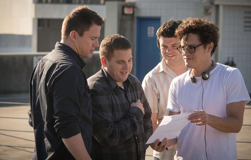Channing Tatum, Jonah Hill, director Christopher Miller and director Phil Lord on the set of "22 Jump Street."
