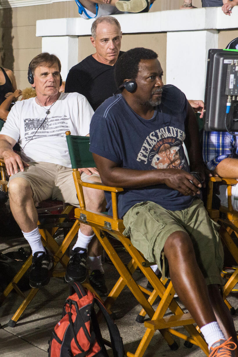 Bob Ladouceur, producer David Zelon and James Caviezel on the set of "When the Game Stands Tall."
