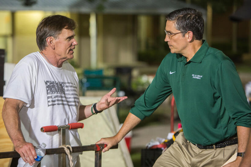 Bob Ladouceur and James Caviezel on the set of "When the Game Stands Tall."