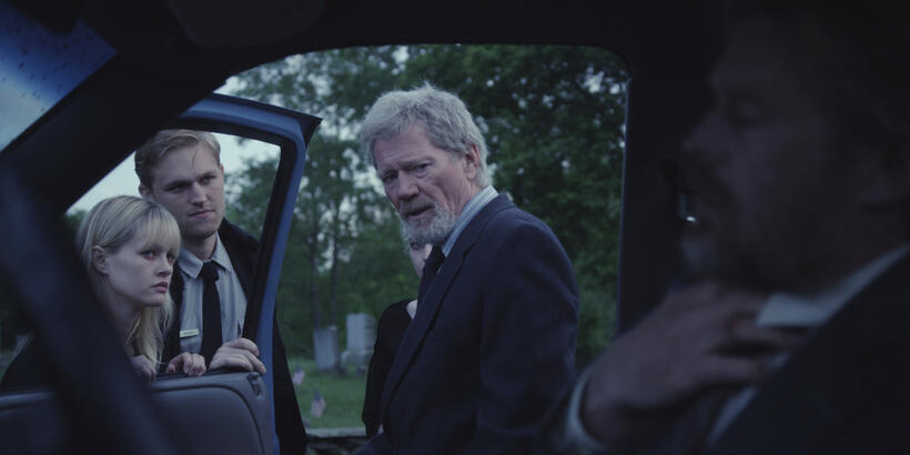 Ambyr Childers as Iris Parker, Wyatt Russell as Deputy Anders, Michael Parks as Doc Barrow and Bill Sage as Frank Parker in "We Are What We Are."