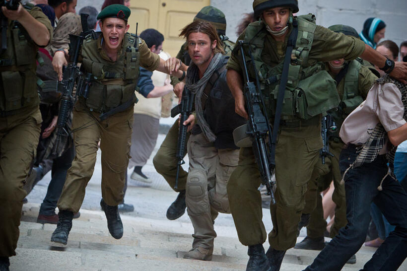 Daniella Kertesz as Segen and Brad Pitt as Gerry Lane in "World War Z."