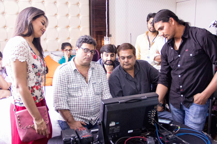 Sonakshi Sinha, director Tigmanshu Dhulia and producer Rahul Mittra on the set of "Bullett Raja."