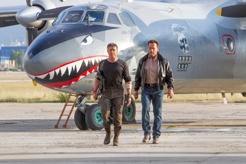 Sylvester Stallone as Barney Ross and Arnold Schwarzenegger as Trench in "The Expendables 3."
