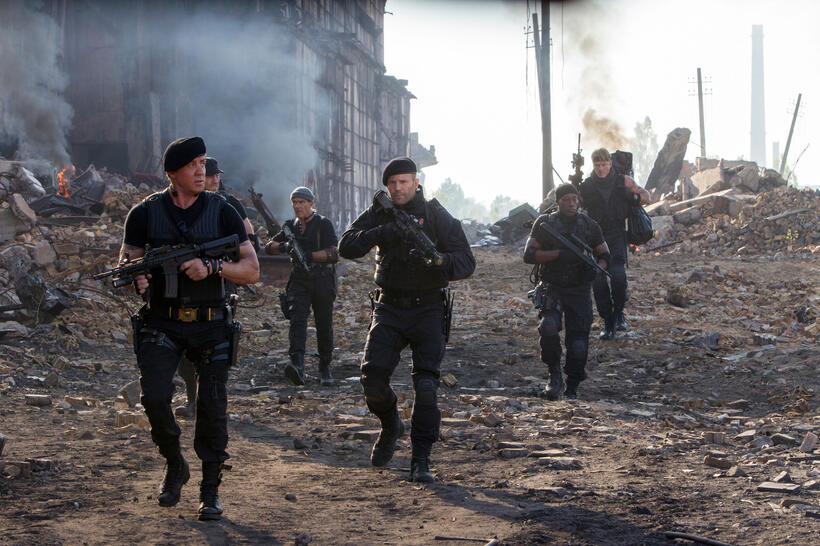 Sylvester Stallone as Barney Ross, Randy Couture as Toll Road, Antonio Banderas as Galgo, Jason Statham as Lee Christmas, Wesley Snipes as Doc and Dolph Lundgren as Gunnar Jensen in "The Expendables 3."