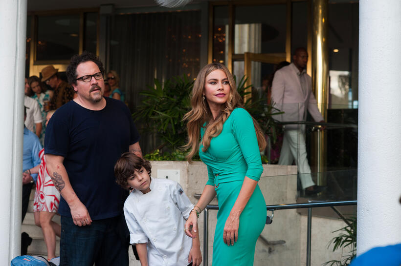 Jon Favreau as Carl Casper, Emjay Anthony as Percy Casper and Sofia Vergara as Inez in "Chef."