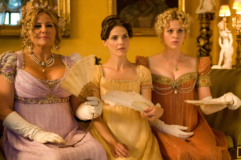 Jennifer Coolidge as Miss Elizabeth Charming, Keri Russell as Jane Hayes and Georgia King as Lady Amelia Heartwright in "Austenland."