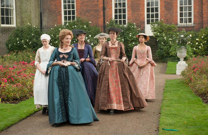 Miranda Richardson as Lady Ashford, Penelope Wilton as Lady Mary Murray, Sarah Gadon as Elizabeth Murray and Emily Watson as Lady Mansfield in "Belle."