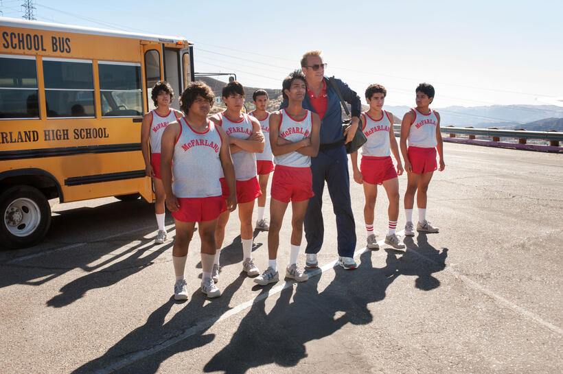John Ortiz as Jose Cardenas, Ramiro Rodriguez as Danny Diaz, Carlos Pratts as Thomas Valles, Sergio Avelar as Victor Puentes, Michael Aguero as Damacio Diaz, Kevin Costner as Jim White, Hector Duran as Johnny Sameniego and Rafael Martinez as David Diaz in "McFarland, USA."