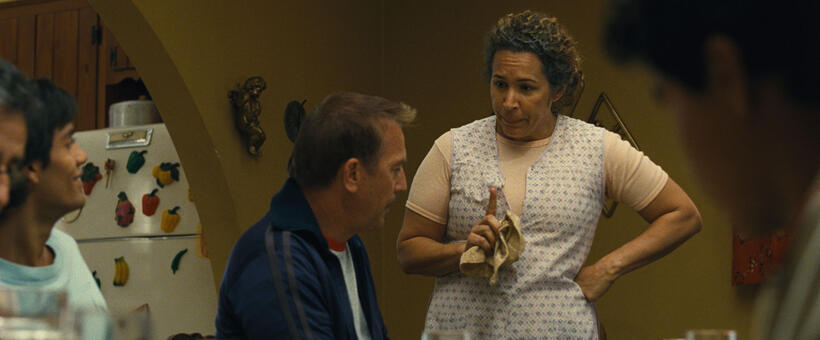 Michael Aguero as Damacio Diaz, Kevin Costner as Jim White and Diana-Maria Riva as Senora Diaz in "McFarland, USA."