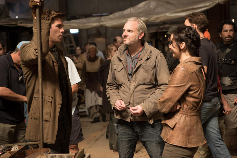 Liam Hemsworth, director Francis Lawrence and Jennifer Lawrence on the set of "The Hunger Games: Catching Fire."