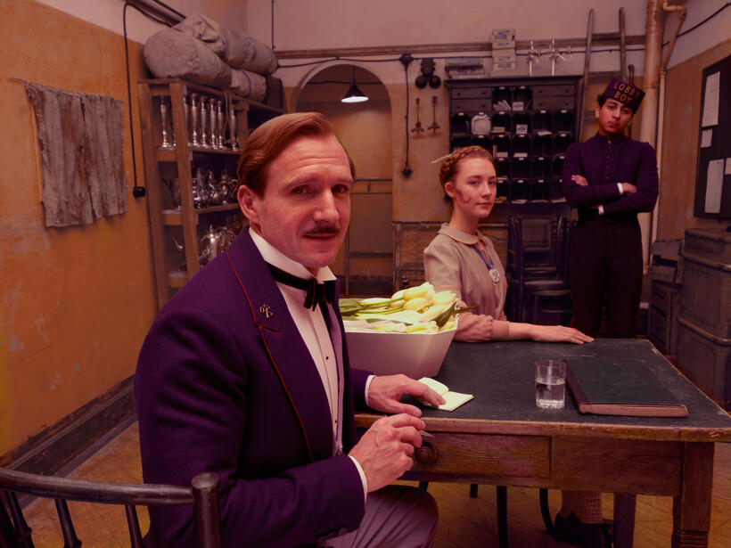 Ralph Fiennes as M. Gustave, Saoirse Ronan as Agatha and Tony Revolori as Zero in "The Grand Budapest Hotel."