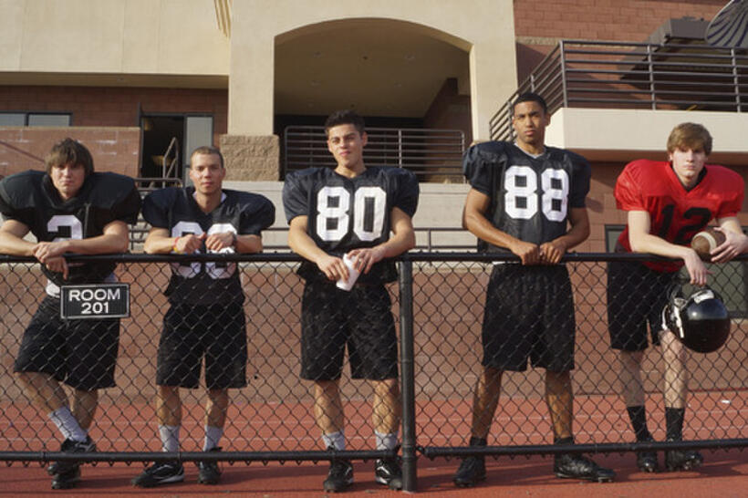 Leigh Parker as Manchester “Manny” Mankiewitz, Nicholas S. Morrison as Ben, Chris Petrovski as George Shank, Tom Williamson as Terry Stankus and Jordan Wilson as Vik De Palma in the horror comedy “ALL CHEERLEADERS DIE"