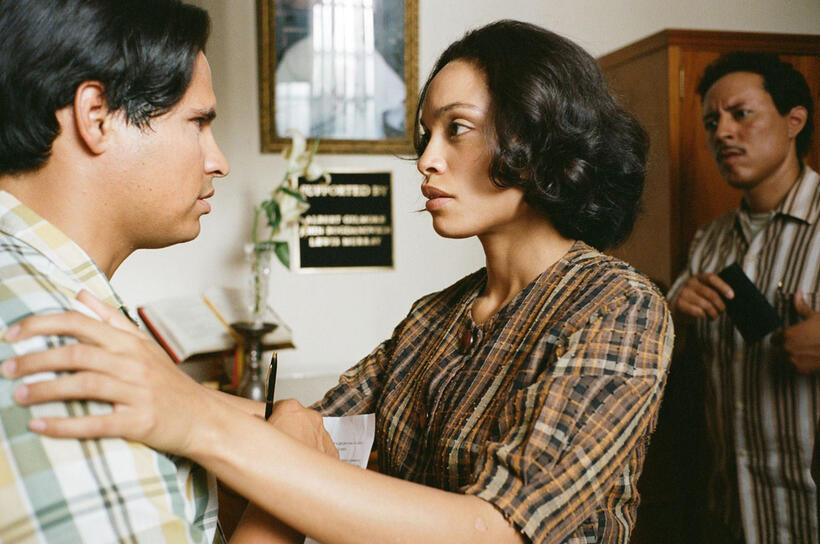 Michael Pena as Cesar Chavez and Rosario Dawson as Dolores Huerta in "Cesar Chavez."