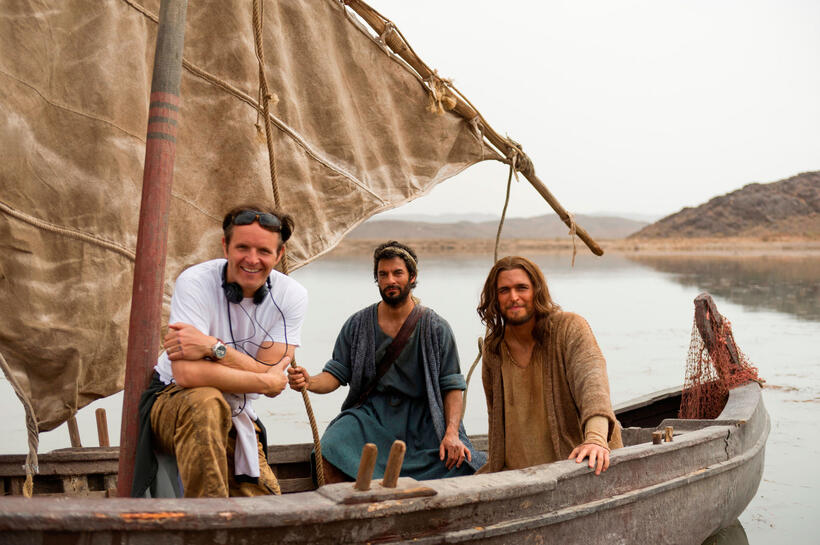 Producer Mark Burnett, Darwin Shaw and Diogo Morgado on the set of "Son Of God."