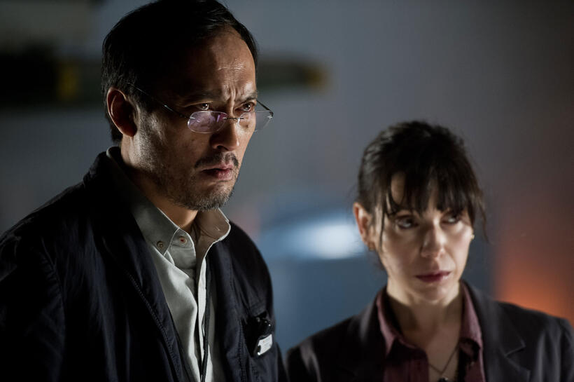 Ken Watanabe as Dr. Ishiro Serizawa and Sally Hawkins as Dr. Vivienne Graham in "Godzilla."