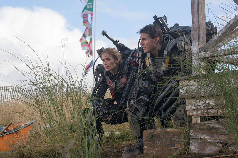 Emily Blunt as Rita Vrataski and Tom Cruise as Major William Cage in "Edge of Tomorrow."