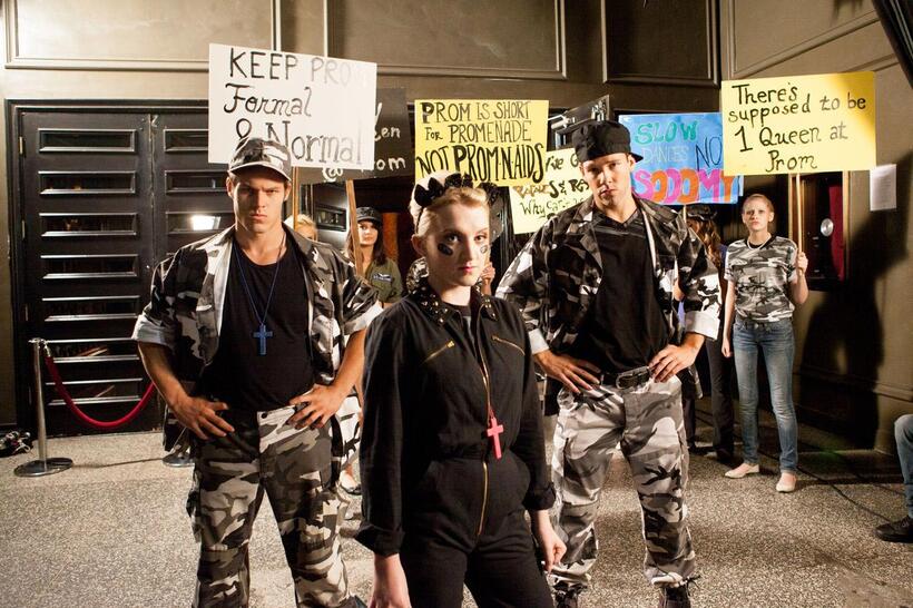 Brock Harris as Hamilton, Evanna Lynch as McKenzie Price and Taylor Frey as Topher in "G.B.F."