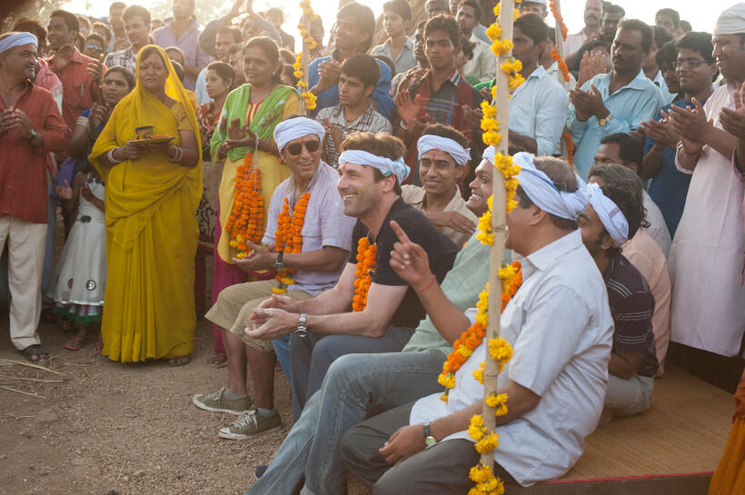Aasif Mandvi as Ash, Suraj Sharma as Rinku, Jon Hamm as JB Bernstein, Madhur Mittal as Dinesh and Darshan Jariwala as Vivek in "Million Dollar Arm."