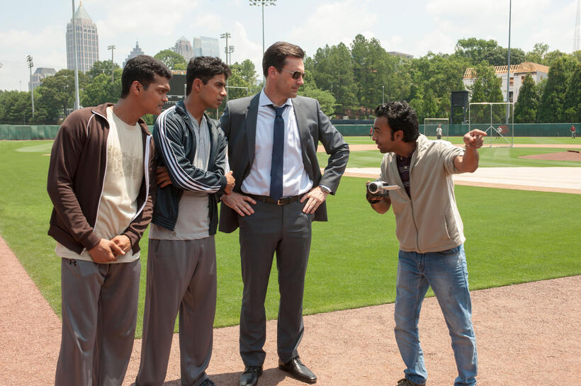 Madhur Mittal as Dinesh, Suraj Sharma as Rinku, Jon Hamm as JB Bernstein and Pitobash as Amit in "Million Dollar Arm."