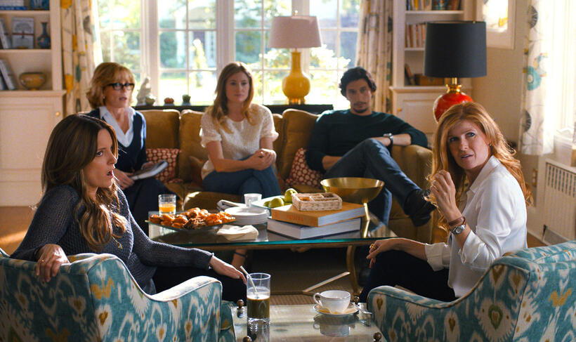 Tina Fey as Wendy Altman, Jane Fonda as Hillary Altman, Kathryn Hahn as Alice Altman, Adam Driver as Phillip Altman and Connie Britton as Tracy Sullivan in "This Is Where I Leave You."