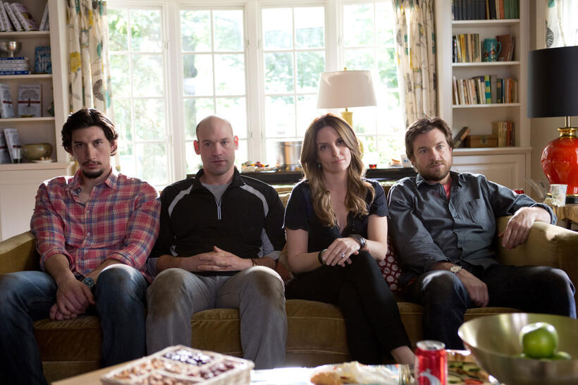 Adam Driver as Phillip Altman, Corey Stoll as Paul Altman, Tina Fey as Wendy Altman and Jason Bateman as Judd Altman in "This Is Where I Leave You."