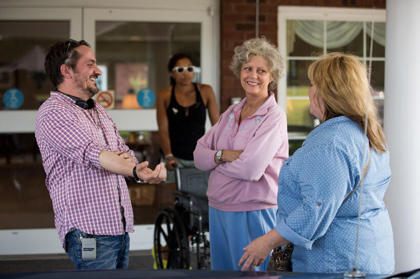 Director Ben Falcone, Susan Sarandon and Melissa McCarthy on the set of "Tammy."