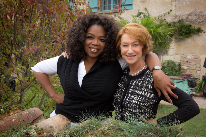 Producer Oprah Winfrey and Helen Mirren on the set of "The Hundred-Foot Journey."