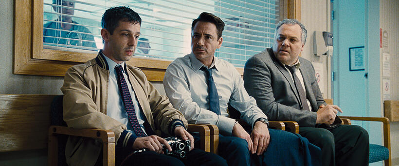 Jeremy Strong as Dale Palmer, Robert Downey Jr. as Hank Palmer and Vincent D'onofrio as Glen Palmer in "The Judge."