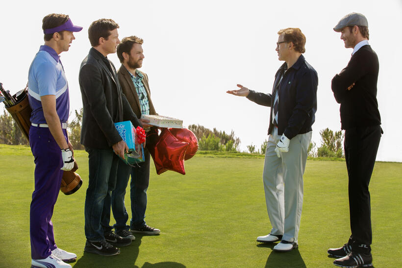 Jason Sudeikis as Kurt Buckman, Jason Bateman as Nick Hendricks, Charlie Day as Dale Arbus, Christoph Waltz as Bert Hanson and Chris Pine as Rex Hanson in "Horrible Bosses 2."