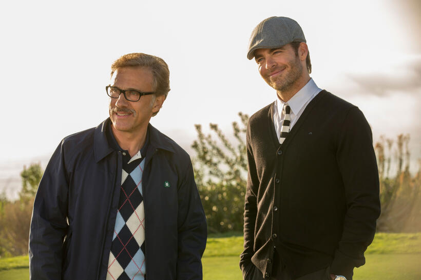Christoph Waltz as Bert Hanson and Chris Pine as Rex Hanson in "Horrible Bosses 2."