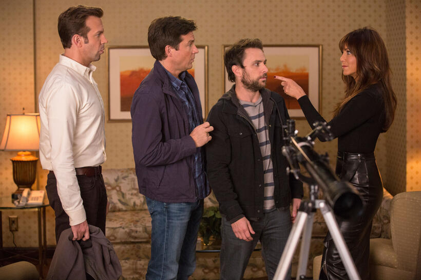 Jason Sudeikis as Kurt Buckman, Jason Bateman as Nick Hendricks, Charlie Day as Dale Arbus and Jennifer Aniston as Dr. Julia Harris in "Horrible Bosses 2."